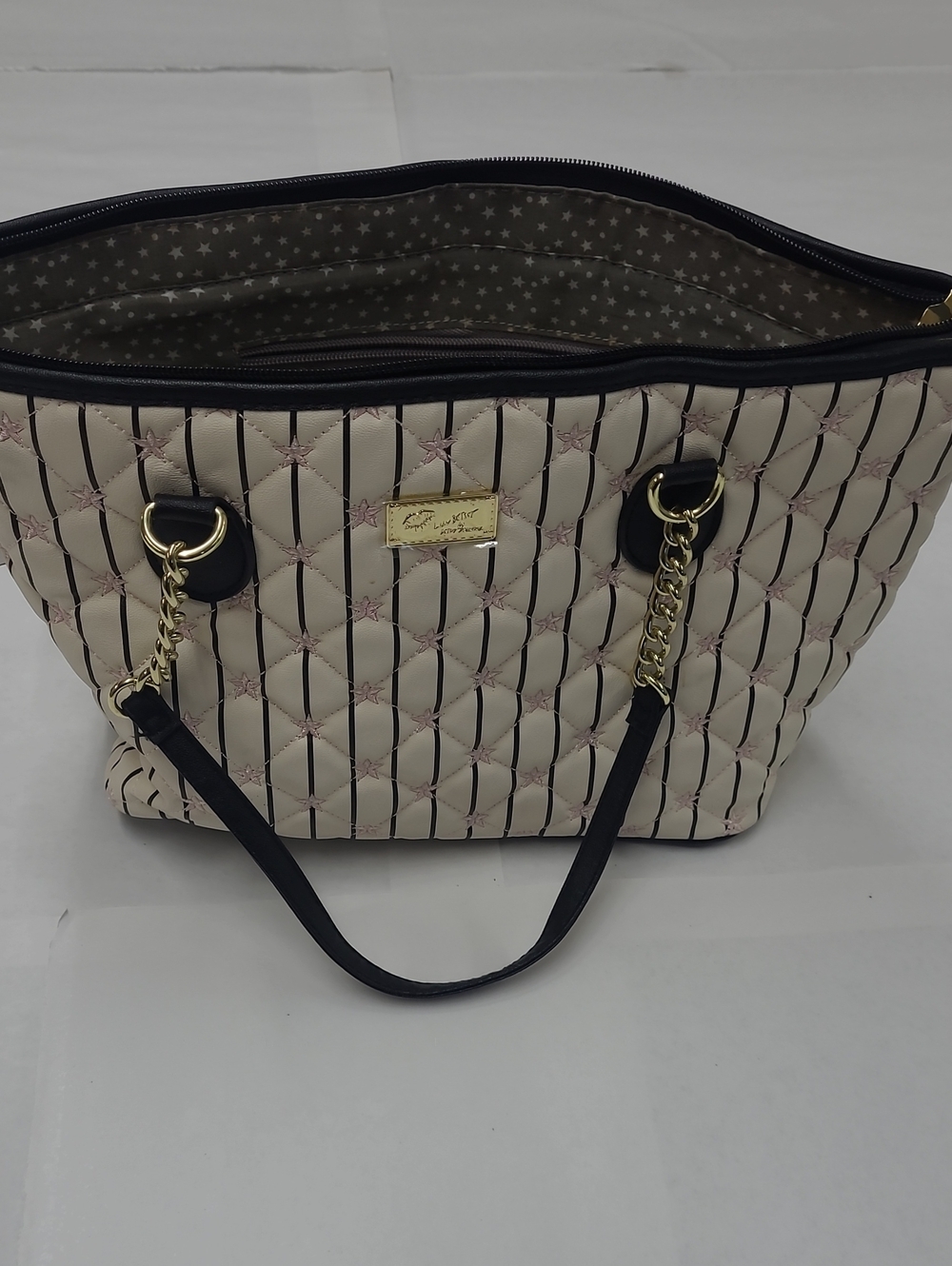 Betsey Johnson Quilted Cream/Black/Pink Tote Bag with Gold Chain Accents